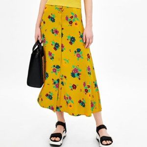 Zara trf collection Yellow Floral Button-front Midi skirt